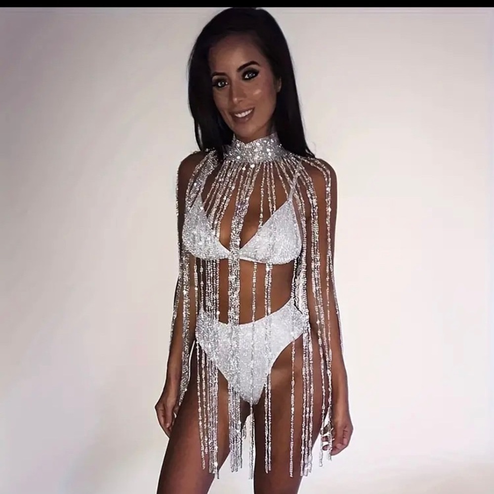Super Shiny Long Rhinestone Pendant Body Chain Exaggerated Adjustable Glamorous